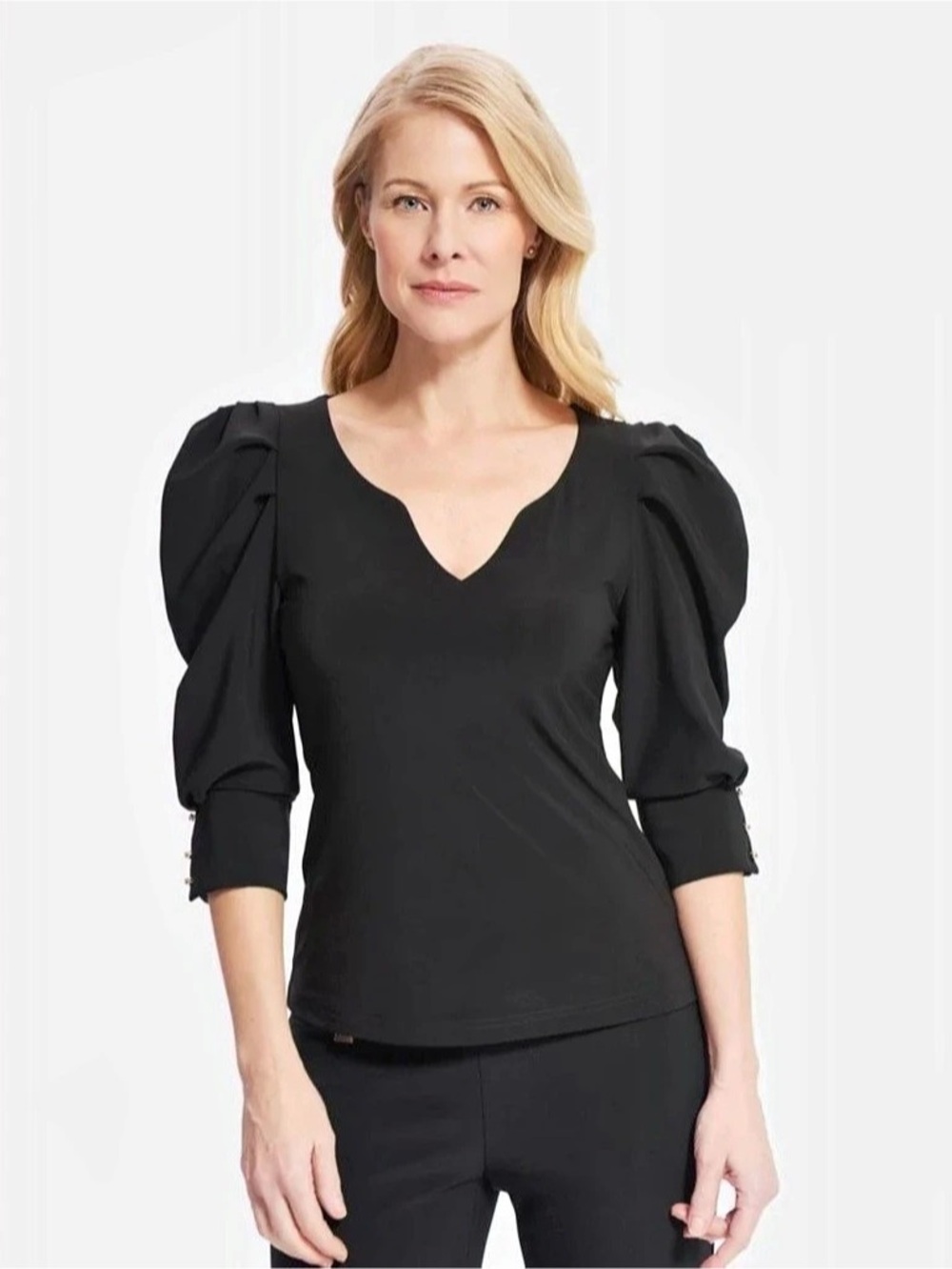Joseph Ribkoff Black Puff Sleeve V-Neck Blouse Top Size 4 214199